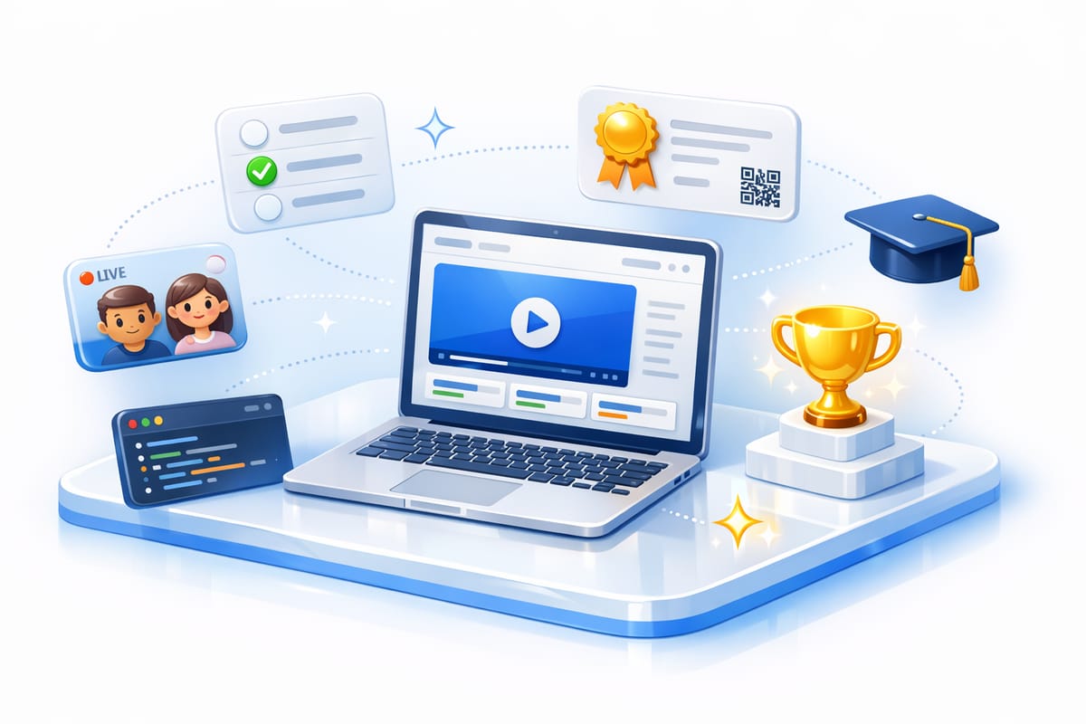 Illustration of an online course on a laptop surrounded by a quiz, a verified certificate, a live video class, a code editor and a leaderboard trophy.